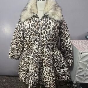 VENUS Leopard Print Puffer Coat with Fur Trim